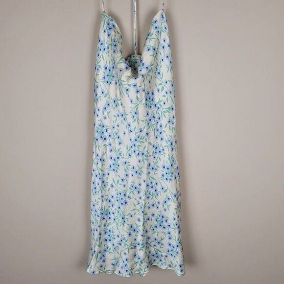 Zara S Structured Floral Mini Slip Dress Cowl Neck Strappy Racerback Ivory Blue - Picture 6 of 12